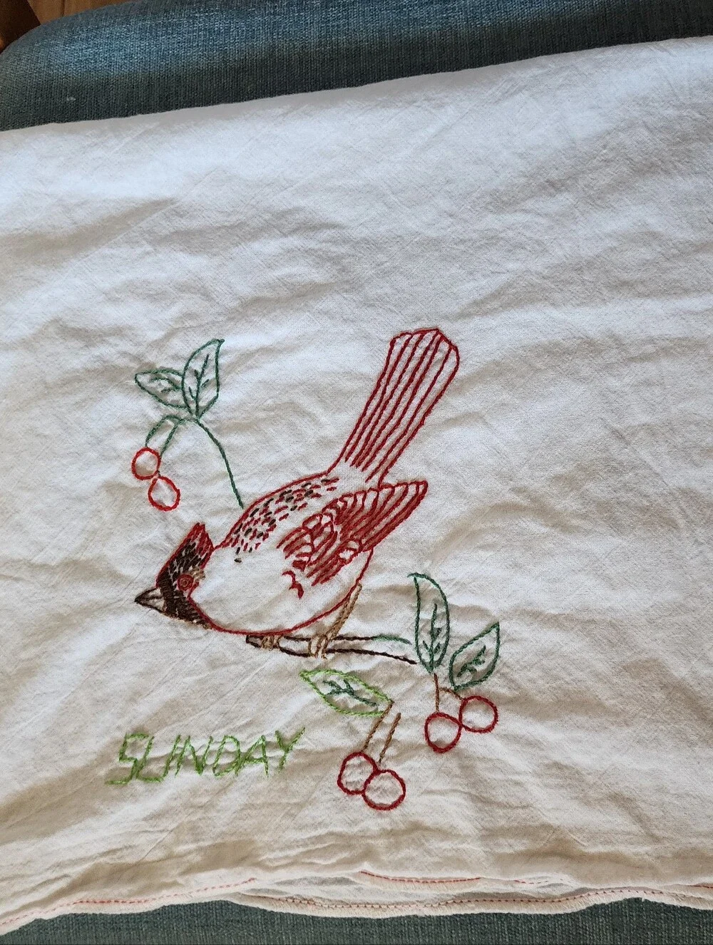 8 Vintage Embroidered Birds & Day Of The Week White Tea Towels